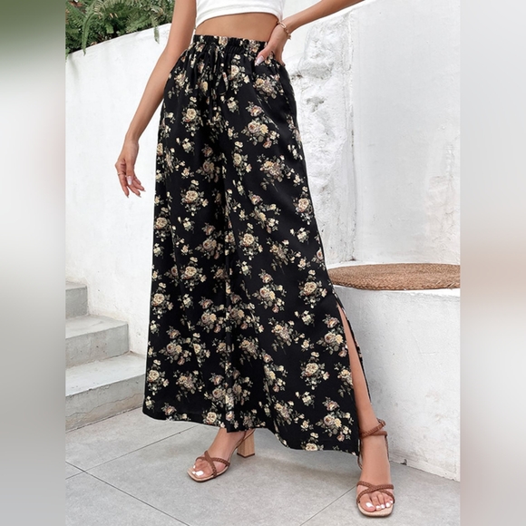 Floral Side Slit Wide Leg Pants - Picture 4 of 6